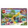 The image shows the packaging of a LEGO Friends pool party set, featuring a water slide and various play elements. Produktbild-Vorschau