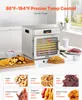 A VEVOR dehydrator is shown on a kitchen counter with various dehydrated foods displayed around it, along with a graphic overlay detailing temperature and time settings for different foods. Podgląd zdjęcia produktu