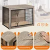 A collage showing a dog crate, a woman using a laptop on a couch, and close-up details of the dog crate's construction. Produktbild-Vorschau