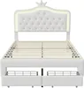 A white bed frame with a tufted headboard featuring a crown design and LED lighting. Voir les images du produit
