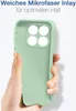 A hand holding a light green smartphone case with a microfiber inlay. Produktbild-Vorschau