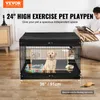 A golden retriever puppy is inside a black metal dog playpen with a black cover. A man is sitting on a couch in the background reading a book. Voir les images du produit