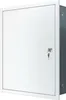 A white metal cabinet with a key lock is shown from a diagonal angle. Produktbild-Vorschau