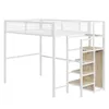 A white metal loft bed with wooden shelves integrated into the stairs. Náhled obrázku produktu