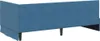 The back view of a blue velvet corner bed frame with black legs. Produktbild-Vorschau