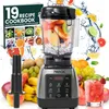 A blender with fruits and a cookbook, surrounded by splashing water and more fruits. Produktbild-Vorschau