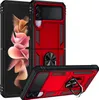 A red and black phone case with a ring stand is shown from two angles against a white background.