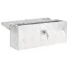 A silver aluminum storage box with a diamond plate texture and a key lock is shown with its lid open. Náhled obrázku produktu