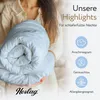 A person holding a rolled-up duvet, with marketing text and icons on the right side. Produktbild-Vorschau