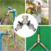 A collage of images showing a Y-shaped hose splitter connected to various outdoor faucets and hoses. Produktbild-Vorschau