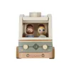A wooden toy camper van with two figures inside, shown from the front. Náhled obrázku produktu