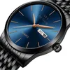 Close-up of a men's wristwatch with a blue dial and black metal band. Voir les images du produit