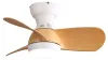 A close-up shot of a modern ceiling fan with wooden blades and a white body, illuminated by an integrated light. Náhled obrázku produktu