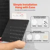 A person is holding a black pegboard panel against a light gray wall, with text overlays explaining installation methods. Produktbild-Vorschau