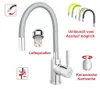 A faucet with various features highlighted with text and icons. Produktbild-Vorschau