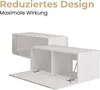 Two white wall-mounted cabinets are shown, one with its door open, against a white background. Text overlays describe the product. Produktbild-Vorschau