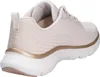A side view of a beige sneaker with gold accents. Voir les images du produit