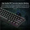 A close-up of a black mechanical keyboard with RGB backlighting, set against a dark, abstract background with silhouettes of two figures in tactical gear. Produktbild-Vorschau