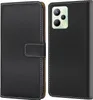 A black flip-style phone case is shown, with the phone inside on the right side. The phone has a distinctive camera module. Produktbild-Vorschau
