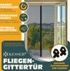 A marketing image for a magnetic fly screen door, showing the product installed on a balcony door, with feature callouts. Produktbild-Vorschau