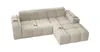 A beige sectional sofa with dimensions indicated by lines and measurements. Produktbild-Vorschau