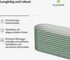 A green corrugated metal raised garden bed is shown with descriptive text and a brand logo. Produktbild-Vorschau