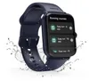 A dark blue smartwatch with a square face is shown on a white background with water splashes around it. Náhled obrázku produktu