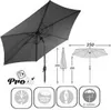 A large gray umbrella is shown, with diagrams and icons indicating its features and dimensions. Produktbild-Vorschau