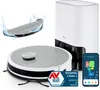 A collage of a robot vacuum cleaner, its charging station, a mopping attachment, and a smartphone displaying the robot's app interface. Produktbild-Vorschau
