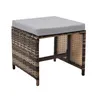 A square ottoman made of brown polyrattan with a gray cushion on top, shown against a white background. Produktbild-Vorschau