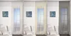 A triptych showing a window with sheer curtains in three different colors: white, champagne, and gray. The curtains are displayed in a room with modern furniture and artwork. Produktbild-Vorschau