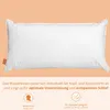 A white pillow is shown against a light orange background, with text and icons below. Produktbild-Vorschau