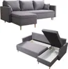 A two-part image showing a gray sectional sofa with its storage compartments open.