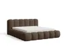 A brown upholstered bed frame with a mattress on a white background. Voir les images du produit