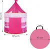 A pink princess castle play tent with dimensions shown, and a folded version of the tent. Náhled obrázku produktu