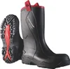 A pair of black Dunlop Purofort+ S5 safety boots are shown against a white background. One boot is shown upright, and the other is shown from the sole, revealing its tread pattern and red accents. Náhľad obrázku produktu