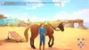 A person and a horse on a beach with beach chairs and an umbrella. Produktbild-Vorschau