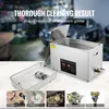 A digital ultrasonic cleaner is shown on a table with a basket containing a small item, and several small images below showing various items that can be cleaned. Náhľad obrázku produktu