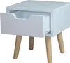 A white nightstand with a drawer partially open and wooden legs, shown against a white background. Produktbild-Vorschau