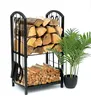 A black metal firewood rack filled with logs and a small green plant in a black pot next to it, on a white background. Produktbild-Vorschau