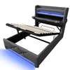 A grey upholstered bed frame with the mattress support mechanism raised and illuminated with blue LED lights. Podgląd zdjęcia produktu