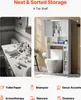 A split image showing a cluttered bathroom counter on the left and a neat bathroom storage unit over a toilet on the right, with feature icons at the bottom. Náhled obrázku produktu