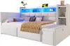 A white daybed with integrated storage and shelving, illuminated by blue LED lights. Produktbild-Vorschau