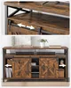 Two images show a rustic-style media console with sliding barn doors. The top image highlights the sliding mechanism, and the bottom image shows the console filled with items, including books, a soundbar, and decorative jars. Produktbild-Vorschau
