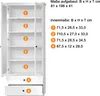 A white vitrine with glass doors, showing internal shelves and drawers, accompanied by a diagram and text detailing its dimensions. Produktbild-Vorschau