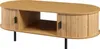 A light brown, oval-shaped coffee table with two doors and black metal legs is shown against a white background. Anteprima dell’immagine prodotto