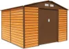 A brown metal garden shed with wood-effect siding. Náhled obrázku produktu
