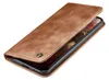 A brown leather flip case for a smartphone is shown with the cover partially open. Produktbild-Vorschau