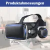 A VR headset with dimensions shown, placed on a blurred background. Produktbild-Vorschau