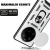 A close-up of a phone case with a ring holder and camera protection, presented against a white background with marketing text. Produktbild-Vorschau